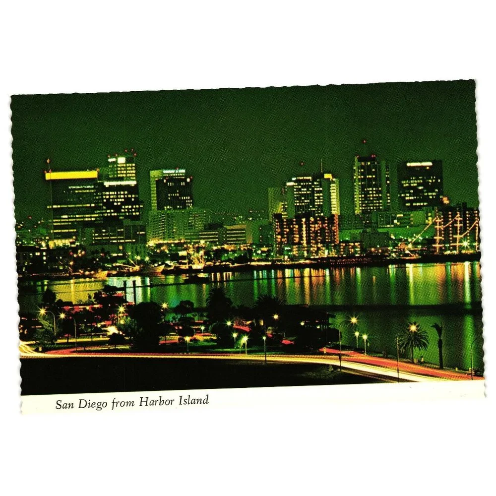 Vintage Postcard San Diego Bay From Harbor Island Downtown Buildings California